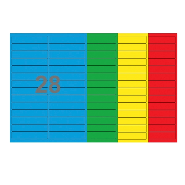 A4-etiketter, 28 stansade etiketter/ark, 99,0 x 20,0 mm, (blå, grön, gul eller röd) 100 ark